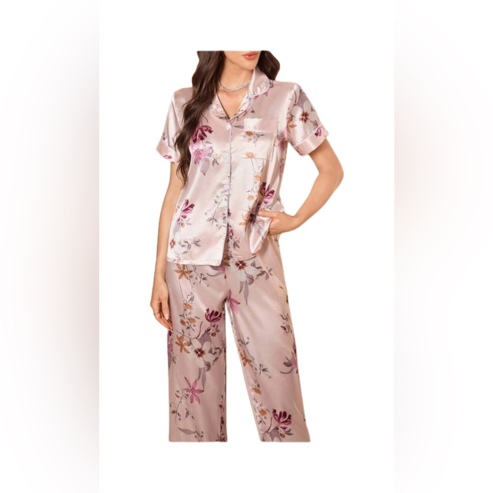Luxurious Floral Pink Satin Pajama Set S